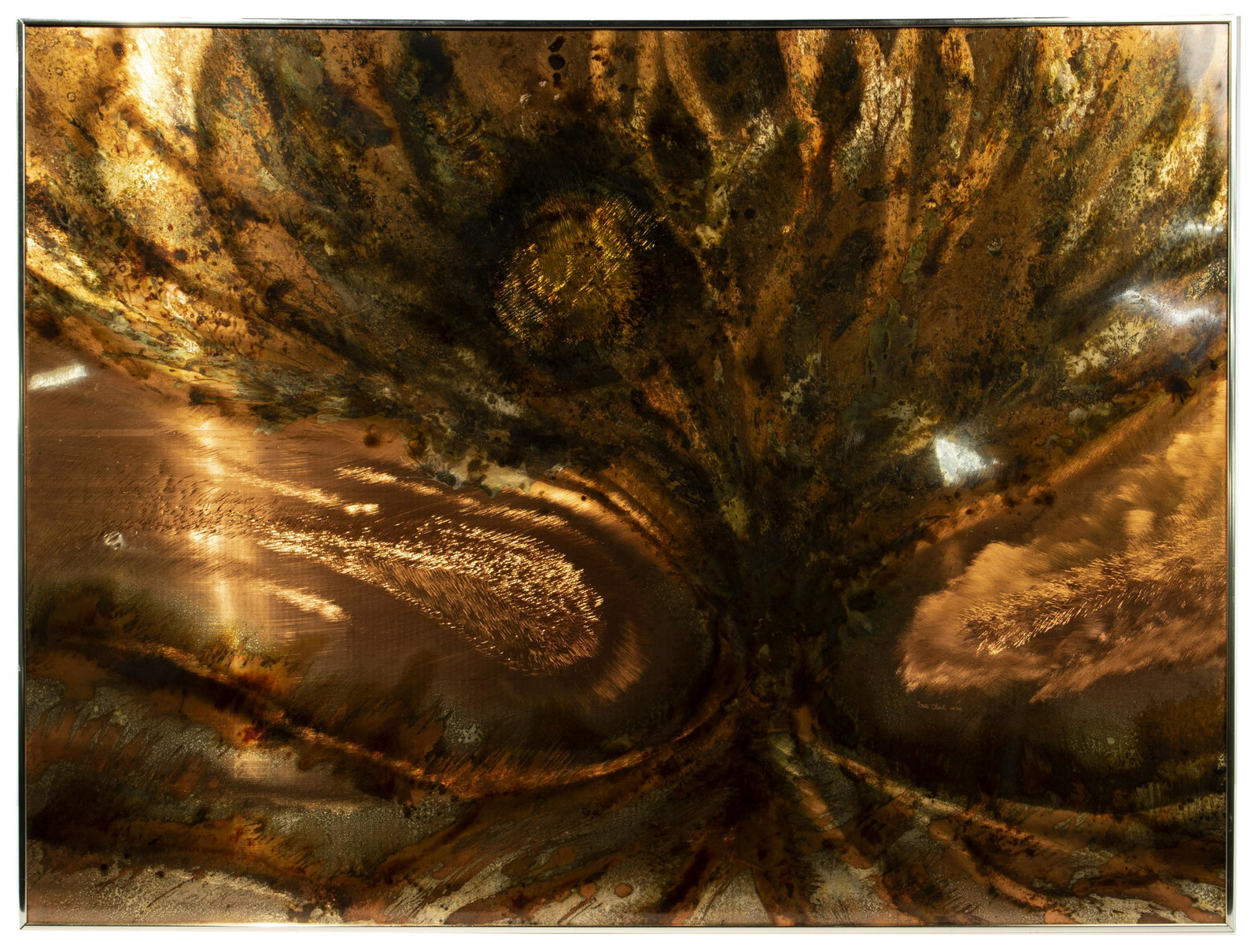 Dale Clark (American, b.1923) Brushed Brass and Copper: Dale Clark (American, b.1923) Brushed Brass and Copper Relief Undated, unsigned, depicting an abstract swirl, artist tag en verso; under glass in a metal frame
