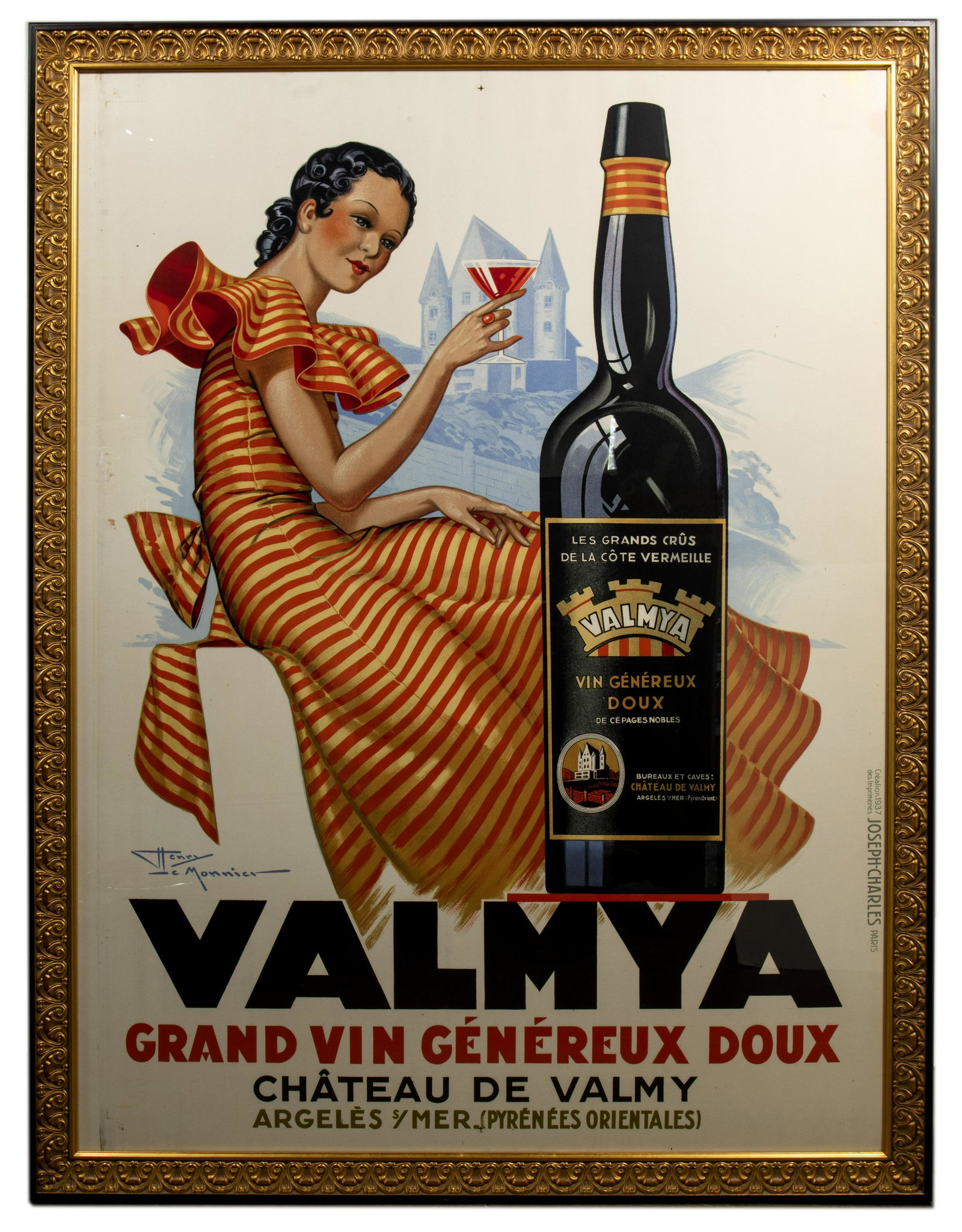 Henri LeMonnier (French, 1893-1978) 'Valmya Grand Vin: 1937, printed signature lower left, printed by Jospeh-Charles, Paris, an Art Deco advertisement for the Spanish-influenced wine produced at Chateau de Valmy including a seated female figure having dar
