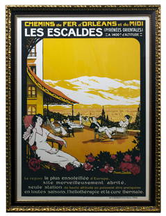 Roger Soubie (French, 1898-1984) Lithograph Poster: c.1930, printed signature lower right, 'Les Escaldes (Pyrenees orientales)' travel poster, printed by E. Baudelot; depicting sunbathers at a resort in front of distant mountains; behind acrylic in a g