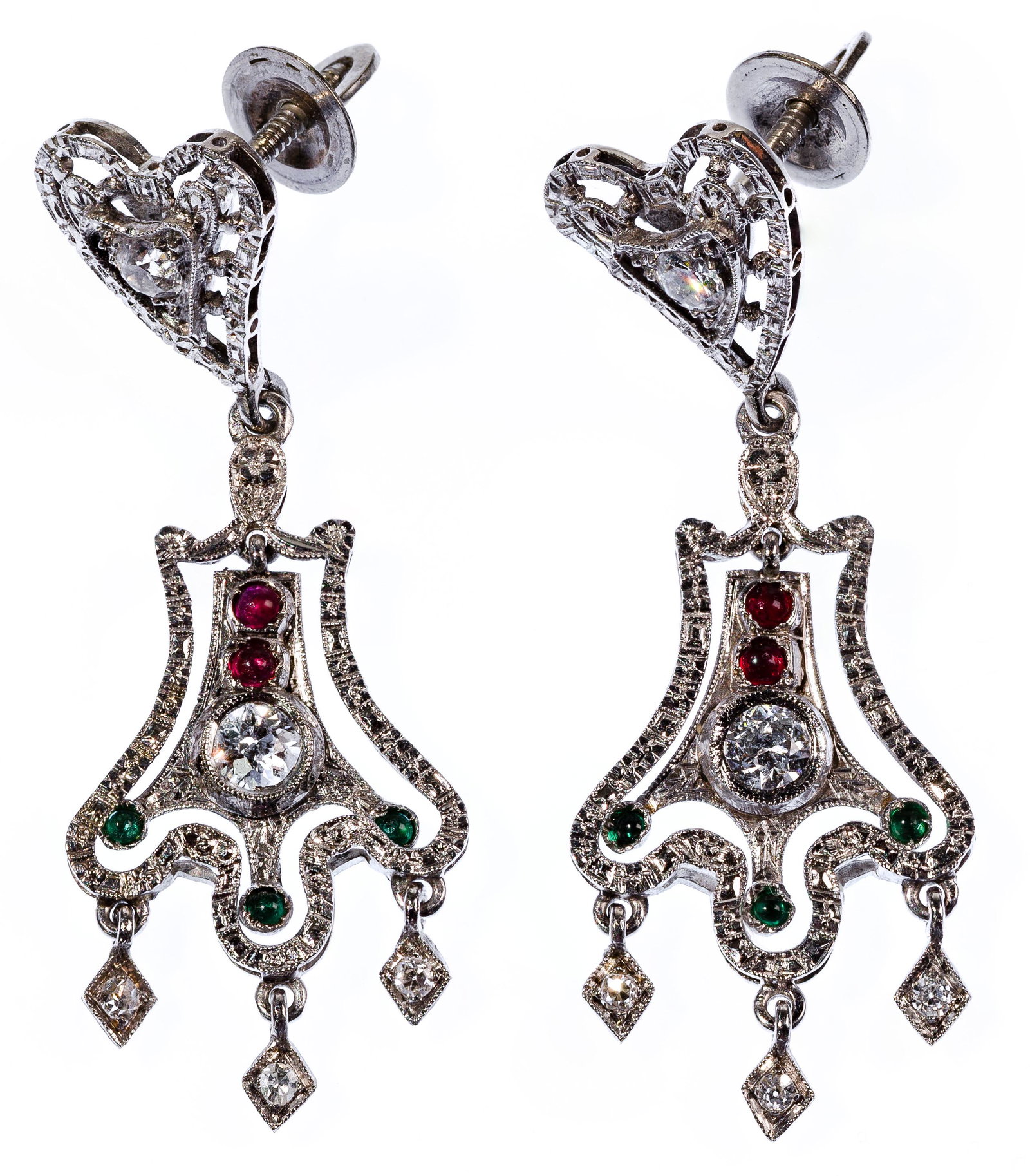 White Gold, Emerald, Ruby and Diamond Pierced Earrings (1 of 2)