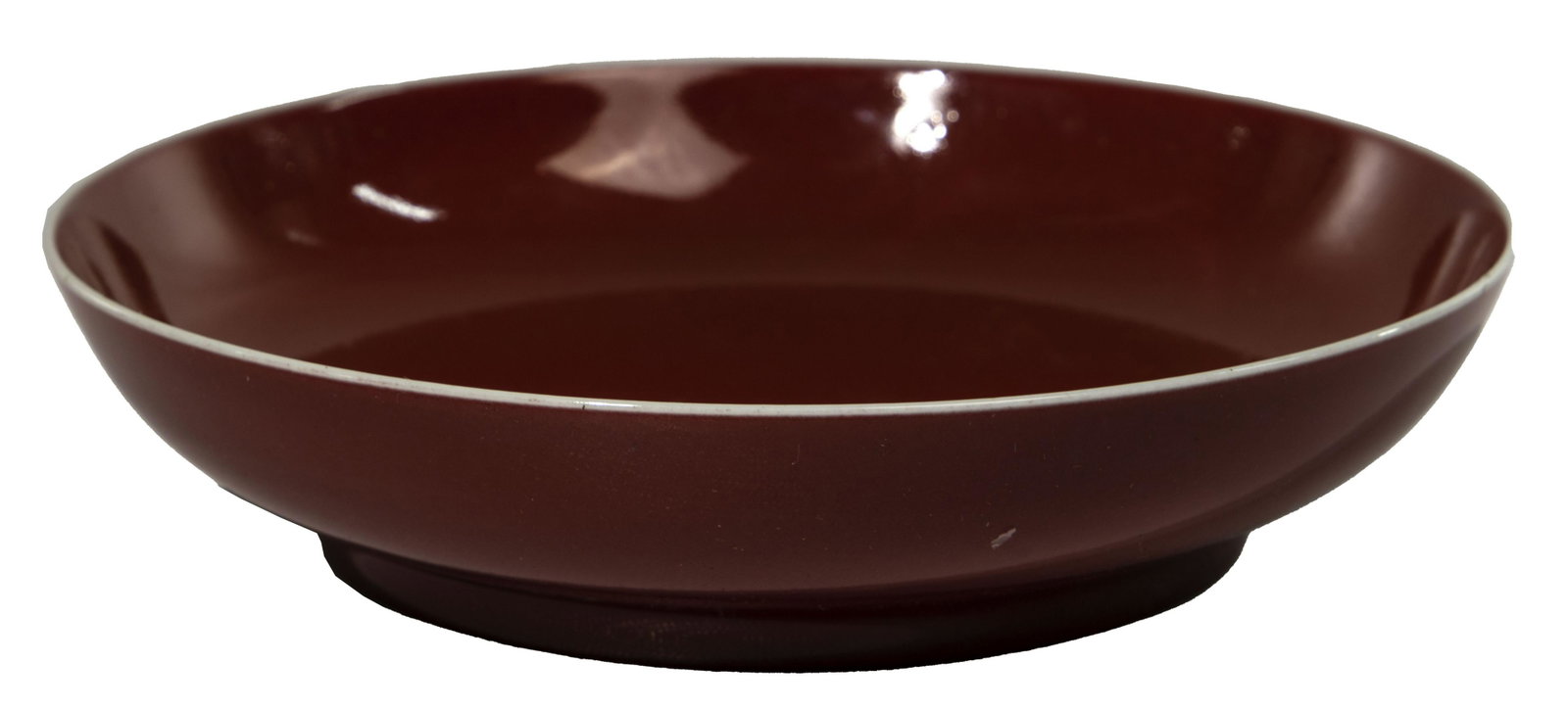 Chinese Sang de Boeuf Glazed Porcelain Shallow Bowl: Chinese Sang de Boeuf Glazed Porcelain Shallow Bowl Having an underglaze blue Qianlong archaic seal mark on the underside Height: 1 7/8 inches, Diameter: 8 inches Condition: Very Good, no chips or cra