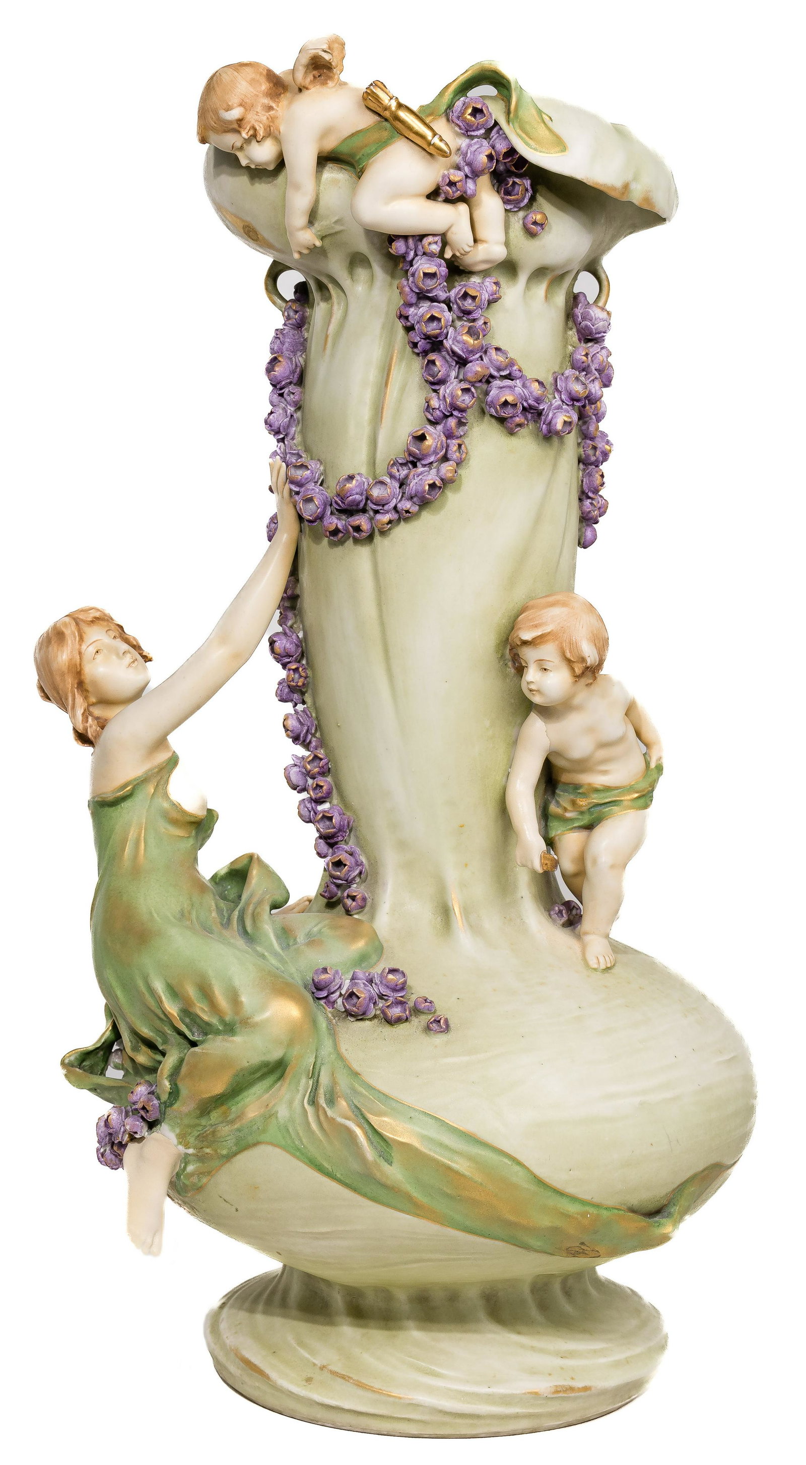 Imperial Amphora Pottery Figural and Floral Vase: Imperial Amphora Pottery Figural and Floral Vase Art Nouveau style vase having partially nude female figure stringing garlands of flowers around the vase with the help of (2) cherubs; marked on unders