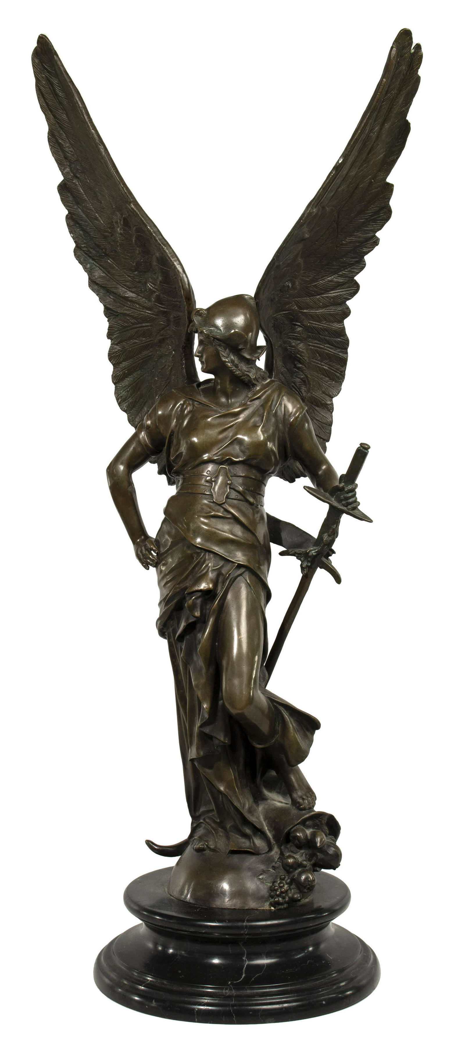 (After) Jules Felix Coutan (French, 1848-1939) "Peace" Bronze Statue: (After) Jules Felix Coutan (French, 1848-1939) 'Peace' Bronze Statue 20th century, signed 'A. Camva' on front of domed base, an allegorical figure mounted on a turned black marble stand Property from: