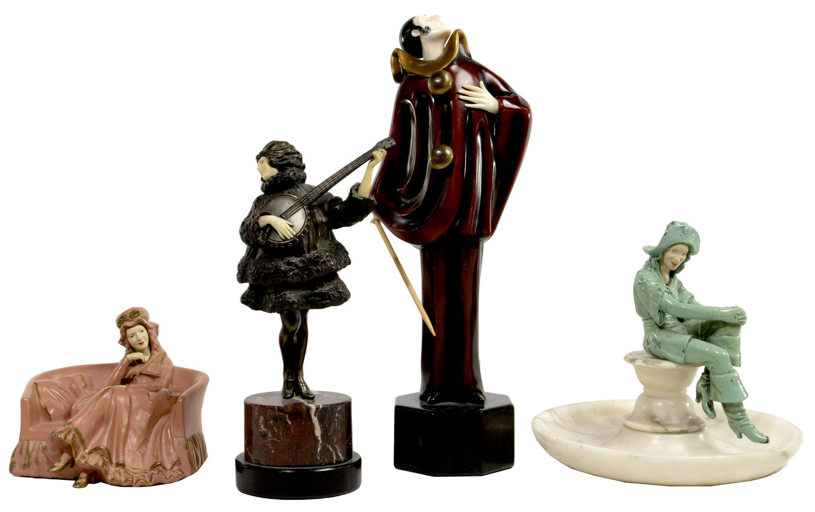 Metal Statuary Assortment: Metal Statuary Assortment (4) figural items including (after) Roland Paris (German, 1894-1945), painted bronze and carved bone, 'Punchinello', signed 'Roland Paris' on side of plinth and marked 'Germa
