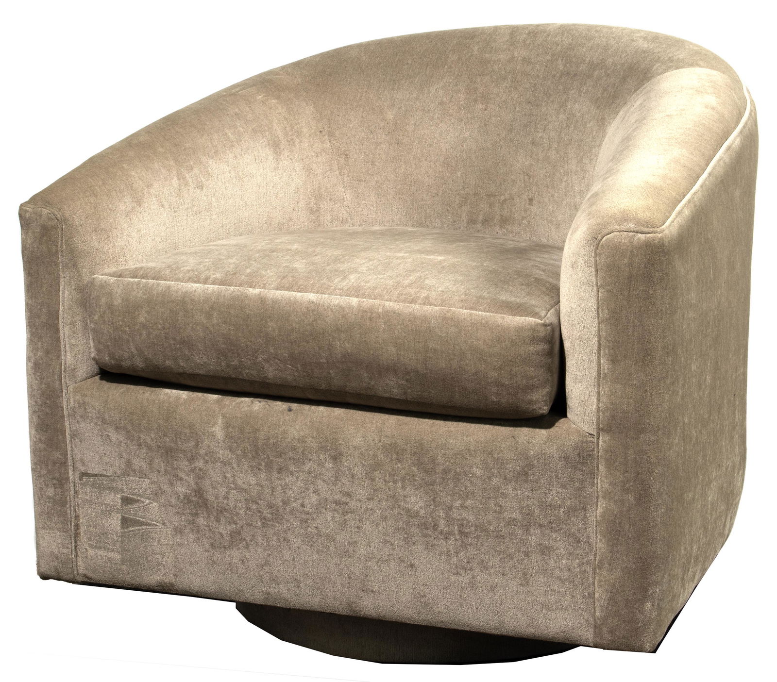(Attributed to) Milo Baughman Upholstered Swivel Chair: (Attributed to) Milo Baughman Upholstered Swivel Chair Unmarked, having a barrel back and reversible cushion upholstered in a warm gray velveteen, resting on an upholstered circular swivel base Proper
