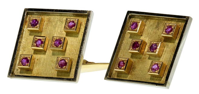 18k Bi-Color Gold and Ruby Cufflink Set: 18k Bi-Color Gold and Ruby Cufflink Set Square cufflinks each having (6) round cut rubies set in squares, entire face surrounded by white gold Property from: a Chicago, Illinois (Gold Coast)