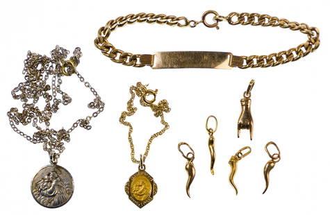 18k Gold Jewelry Assortment: 18k Gold Jewelry Assortment (10) items including an identification bracelet, (2) necklaces, (2) religious pendants and (5) charms including the Italian horn and a sign of the horns; all marked