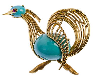 18k Yellow Gold Bird Brooch: 18k Yellow Gold Bird Brooch Having oval cut cabochon head and belly with round cut ruby eye; marked '750' on back with an Italian maker Height: 1 1/8 inches, Width: 1 1/2 inches Weight: 6.75