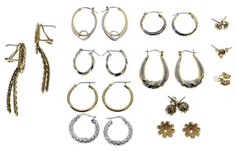 14k Yellow and White Gold Earring Assortment: 14k Yellow and White Gold Earring Assortment (12) items including (10) pairs of pierced earrings, a pair of earring jackets and extra backers; most marked '14k' Property from: a Chicago,