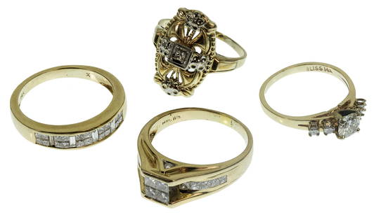 14k Yellow Gold and Diamond Ring Assortment: 14k Yellow Gold and Diamond Ring Assortment (4) rings having princess, round and baguette cut diamonds; all marked '14k' Property from: a Chicago, Illinois (Rogers Park) collector Size: 8