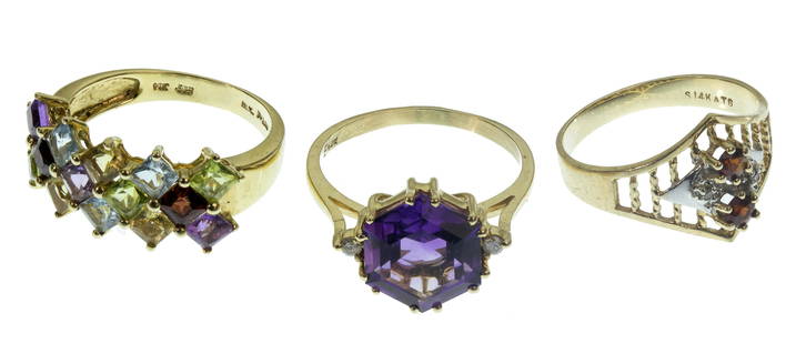 14k White and Yellow Gold and Gemstone Ring Assortment: 14k White and Yellow Gold and Gemstone Ring Assortment (3) rings including (14) round cut semi-precious gemstones; 12mm hexagonal cut amethyst flanked by round cut diamonds; and (2) round cut