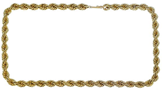 14k Yellow Gold Twisted Rope Necklace: 14k Yellow Gold Twisted Rope Necklace 8mm wide having barrel clasp with safety; marked '14k' on clasp Length: 20 inches Weight: 27.02 dwts. (total weight) Condition: Very Good, overall light