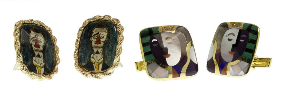 14k Yellow Gold Cufflink Set: 14k Yellow Gold Cufflink Set (2) pairs including having a hobo clown portrait surrounded by twisted rope; and having a pieced stone face mask adorned by round cut diamonds; all marked '14k' on