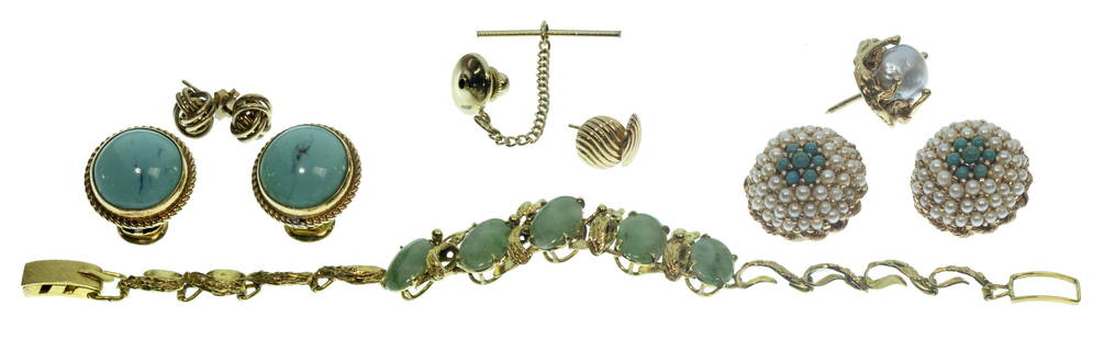 14k Yellow Gold Jewelry Assortment: 14k Yellow Gold Jewelry Assortment (6) items including a bracelet having (5) oval cut low cabochon jadeite jade on textured links; (2) pairs of pierced earrings; a pair of Webb clip-on earrings