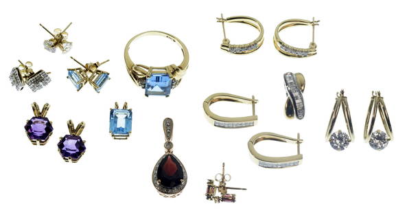 14k Yellow Gold and Gemstone Jewelry Assortment: 14k Yellow Gold and Gemstone Jewelry Assortment (13) items including a ring, (5) pendants and (7) pairs of pierced earrings; all having gemstones, most marked '14k' Property from: a Chicago,