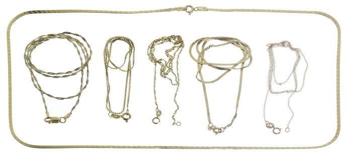 14k Gold Jewelry Assortment: 14k Gold Jewelry Assortment (6) necklaces including rose gold and bi-color gold; all marked '14k' on / near clasp Property from: a Chicago, Illinois (Rogers Park) collector Length: 20 inches