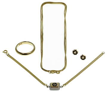 14k Gold Jewelry Assortment: 14k Gold Jewelry Assortment (3) items including a necklace, a band ring and a pair of earrings backers; all marked '14k'; together with a marked '14k' HP emblem on a gold filled bracelet 