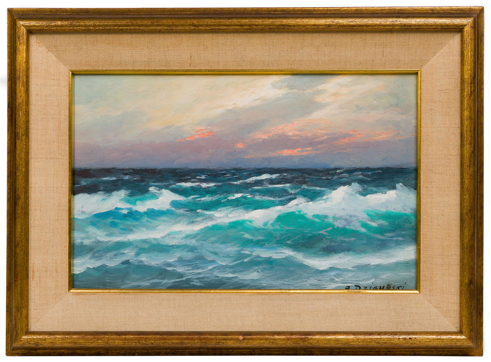 Alexander Dzigurski (American, 1911-1995) Oil on Board: Alexander Dzigurski (American, 1911-1995) Oil on Board Undated, signed lower right, depicting waves and clouds illuminated by a setting sun; in a gold tone wood and linen frame Height: 8 1/2 inches, W
