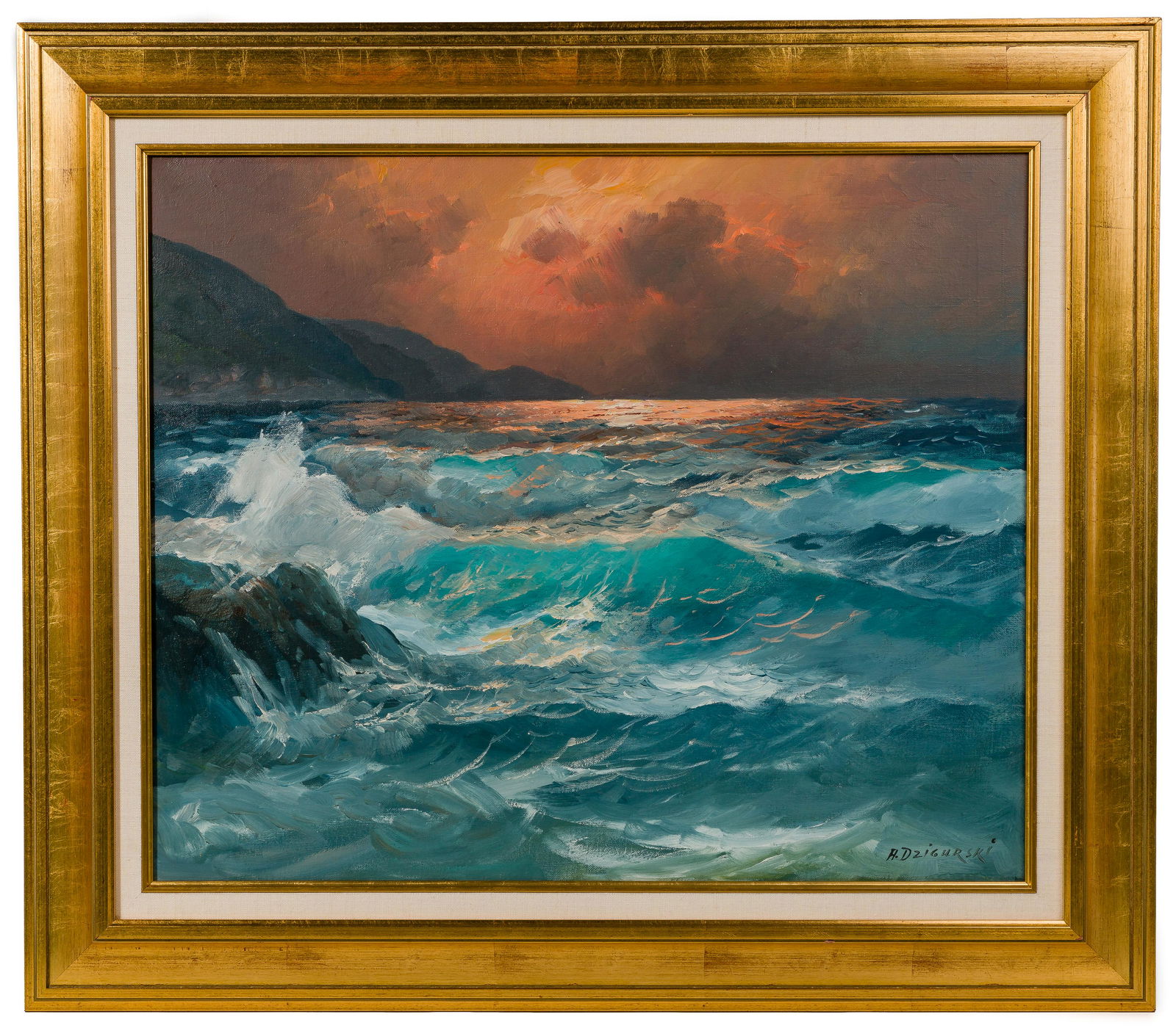 Alexander Dzigurski (American, 1911-1995) Oil on Canvas: Alexander Dzigurski (American, 1911-1995) Oil on Canvas Undated, signed lower right, depicting churning waves along a hilly coastline with the sun setting behind illuminated clouds, including artist i