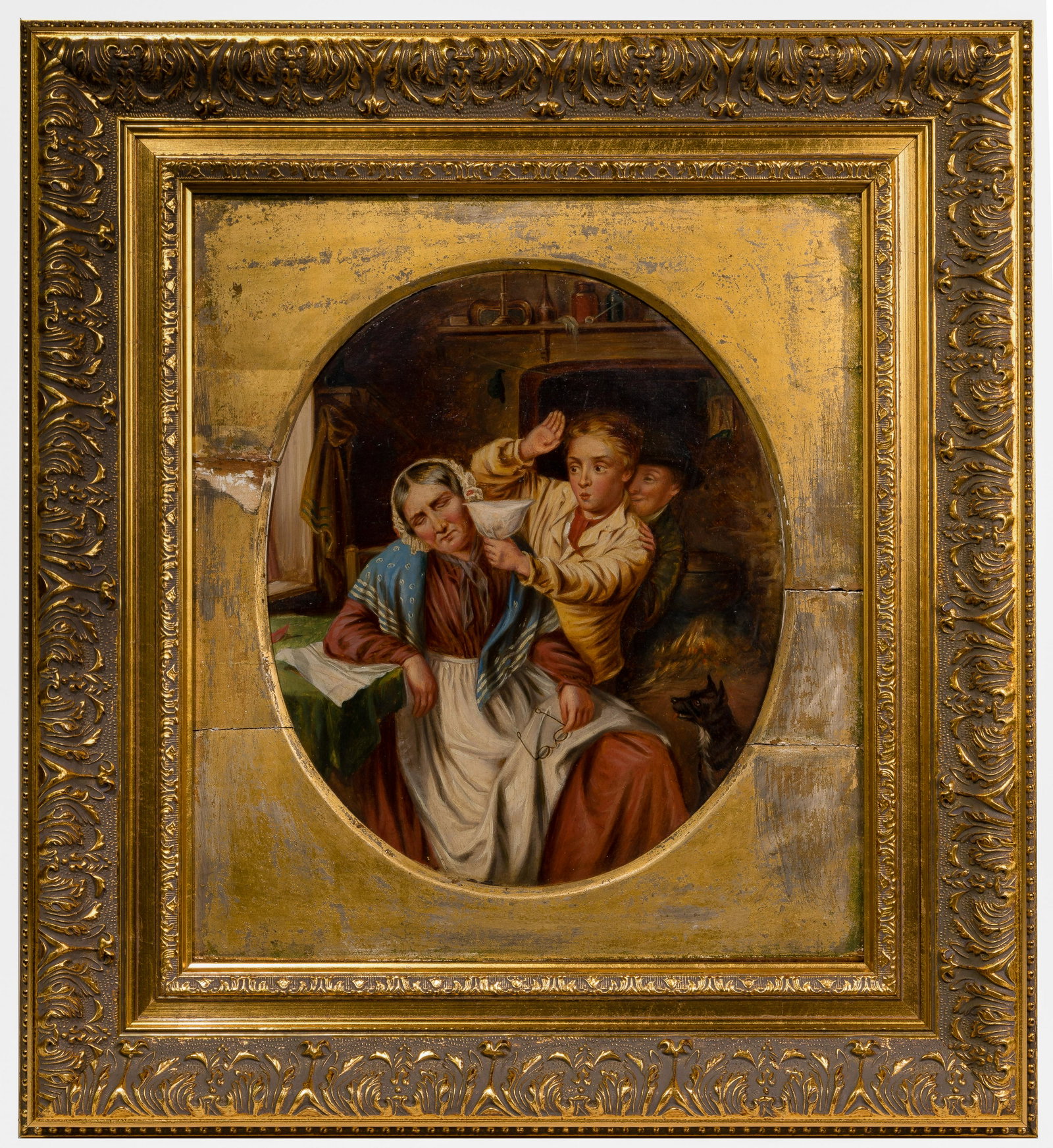 Unknown Artist (Continental School, 19th Century) Oil on Board: Unknown Artist (Continental School, 19th Century) Oil on Board Undated, unsigned, a genre scene depicting (2) young male figures teasing a sleeping older female figure while a dog looks on in amusemen
