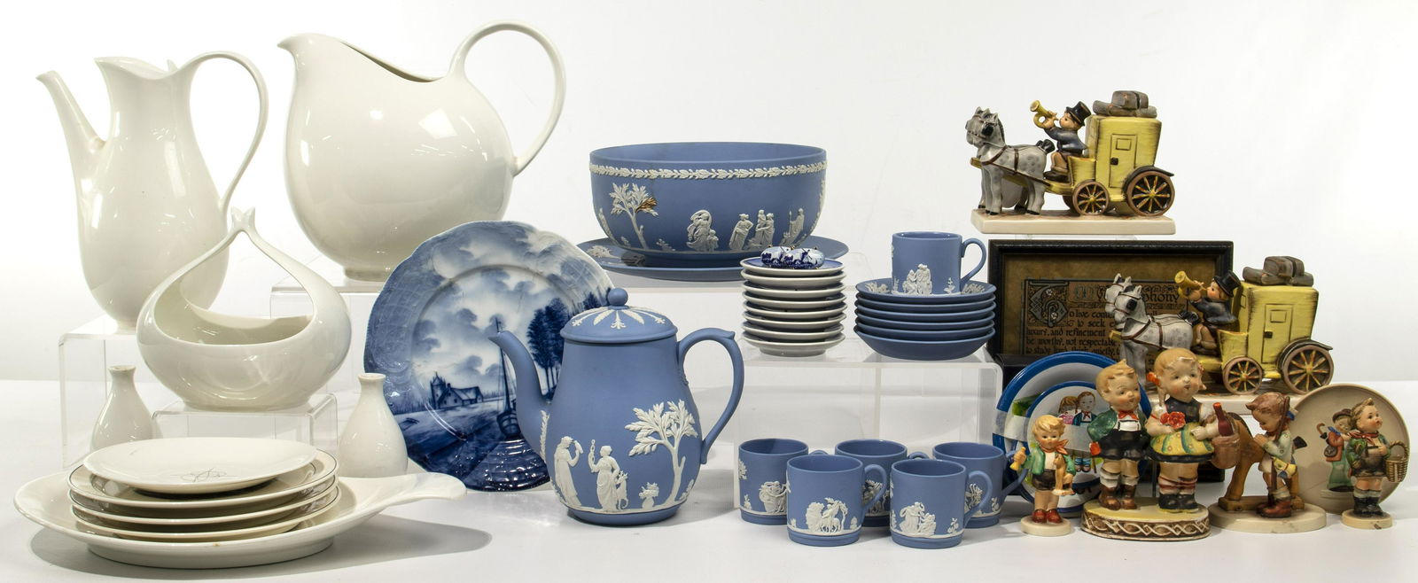 Decorative Object Assortment: Decorative Object Assortment (6) Hall China Co. 'Hallcraft' designed by Eva Zeisel including a pitcher, lidded coffee pot, salt and pepper, tray, oval plate and handled gravy boat; (15) Wedgwood Jaspe