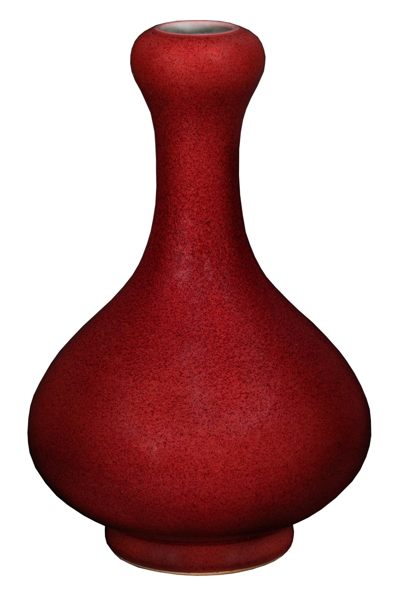 Chinese Sang de Boeuf Garlic Mouth Vase: Chinese Sang de Boeuf Garlic Mouth Vase Having ox blood glaze on exterior, unglazed bottom rim and glazed underside including blue underglaze archaic Qianlong mark Property from: a private collector H