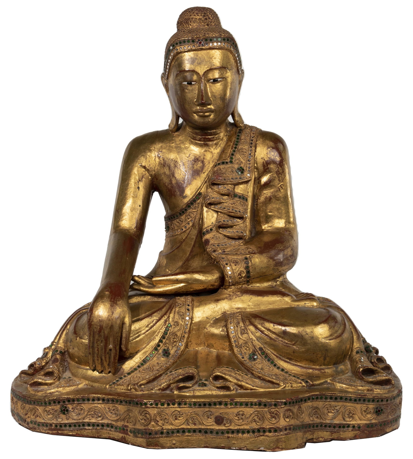Mandalay Gilt Wood Buddha: Mandalay Gilt Wood Buddha Seated Buddha having hand in Bhumisparsha position, inlaid mirrored and glass accented overall Property from: a Highland Park, Illinois collector Height: 29 inches, Width: 24