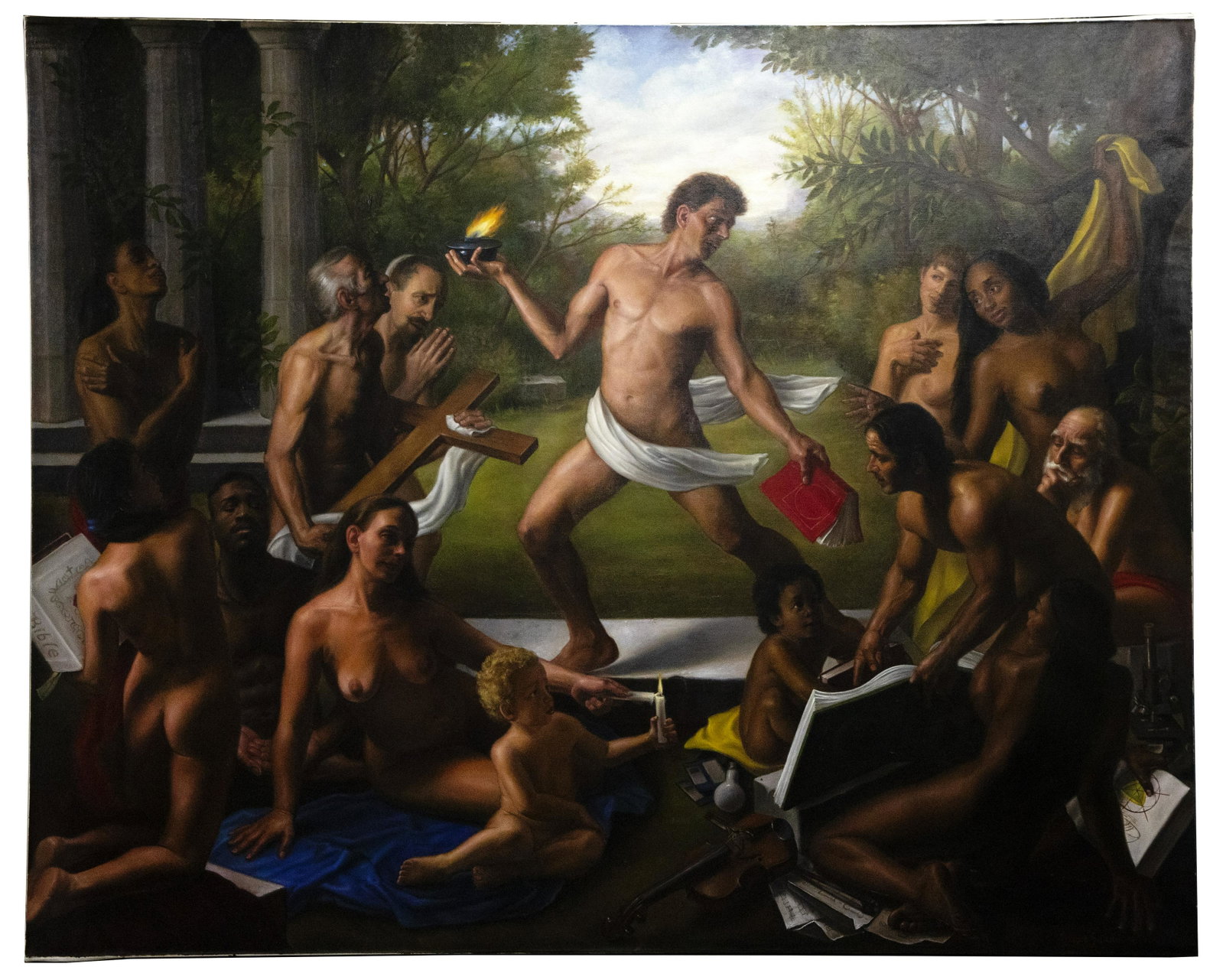 Bruno Surdo (American, b.1963) Oil on Canvas: Bruno Surdo (American, b.1963) Oil on Canvas 1996, signed lower right, dated and signed on reverse of stretcher, allegorical depiction of a minimally clad central figure carrying a lamp and book havin