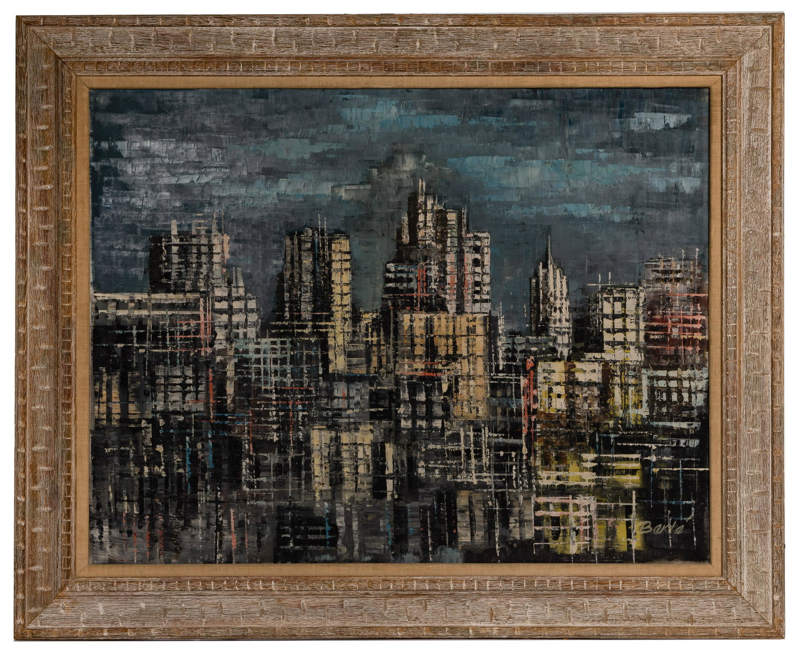 Henri Berte (French, b.1921) 'Cityscape' Oil on Canvas: Henri Berte (French, b.1921) 'Cityscape' Oil on Canvas Undated, signed lower right, depicting overlapping skyscrapers against a gray sky, having artist information label en verso; in a linen lined cre