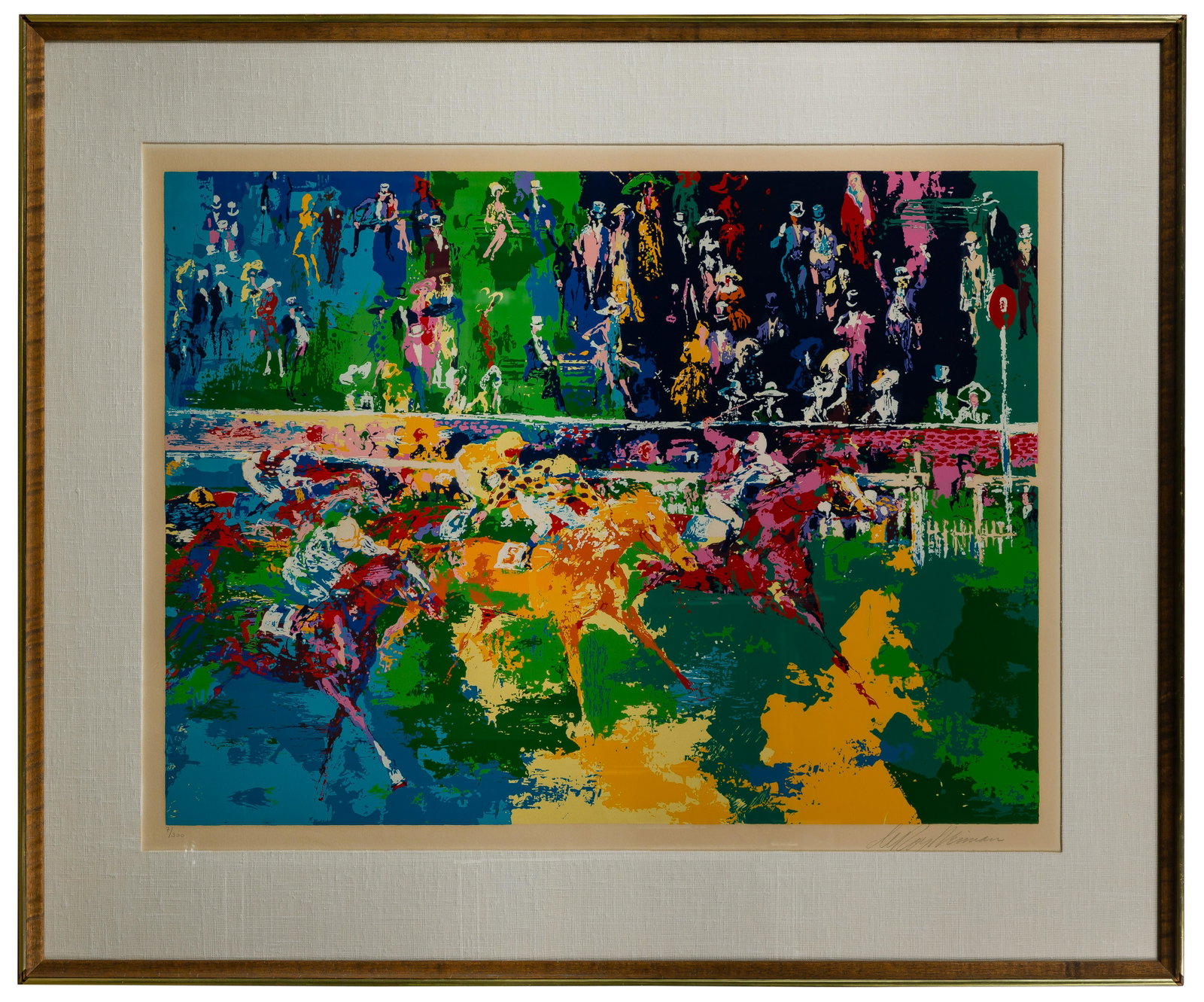 Leroy Neiman (American, 1921-2012) 'Ascot Finish' Serigraph: Leroy Neiman (American, 1921-2012) 'Ascot Finish' Serigraph Undated, pencil signed lower right, pencil #7/300 lower left; behind glass, wood frame with metal trim Height: 28 inches, Width: 36 1/2 inch