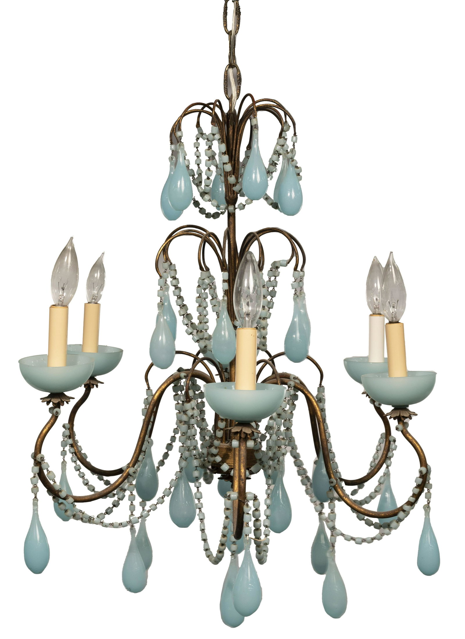 Blue Opaline Glass Swag Chandelier: Blue Opaline Glass Swag Chandelier 6-light chandelier having glass raindrop pendants, beads and candle cups adoring a gilt metal frame Property from: a Geneva, Illinois estate Height: 20 inches, Diame
