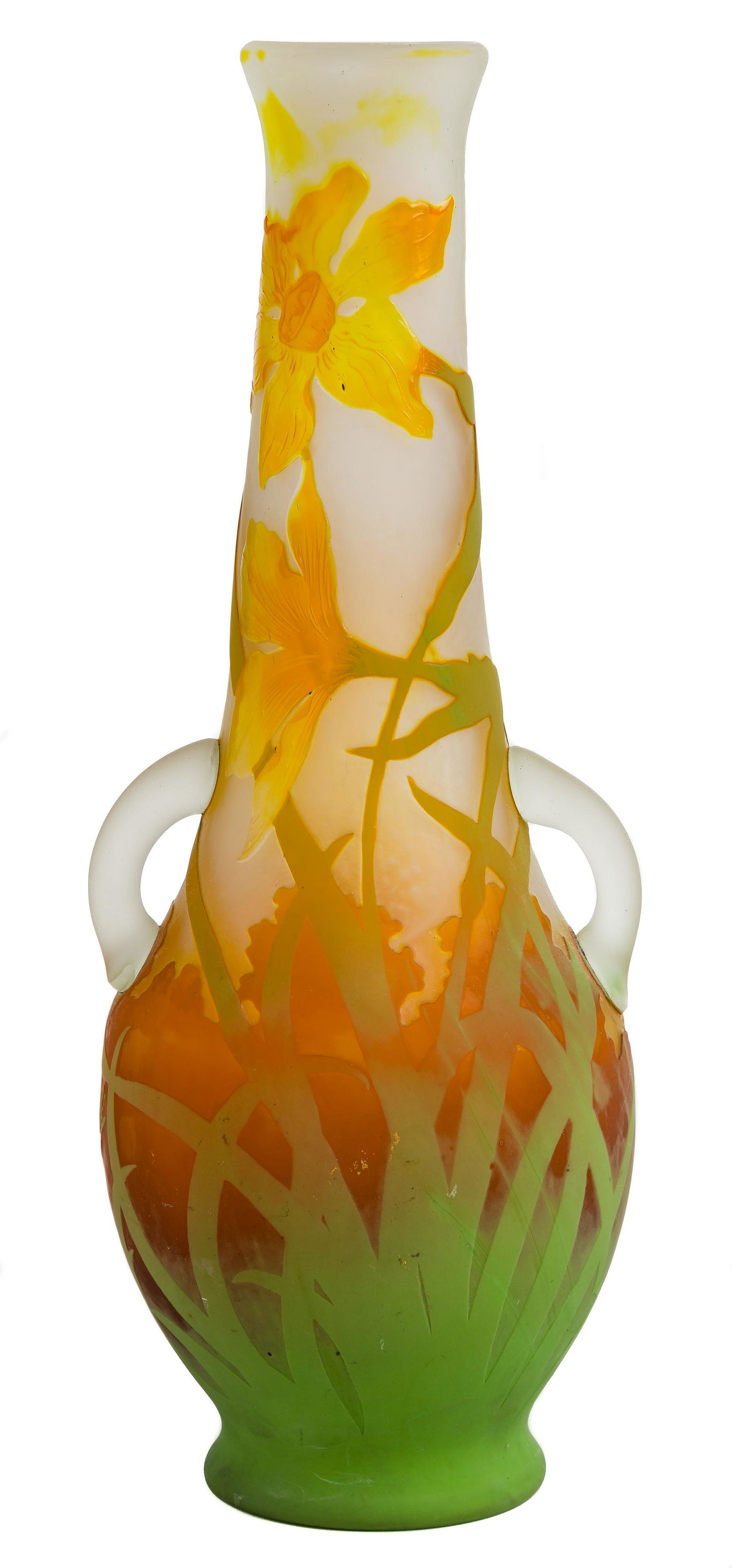 Galle 'Daffodil' Cameo Glass Vase: Galle 'Daffodil' Cameo Glass Vase Signed, having green over amber overlay on white, depicting foreground daffodils and distant trees, the blooms being enhanced by delineation and fire polishing; (2) a