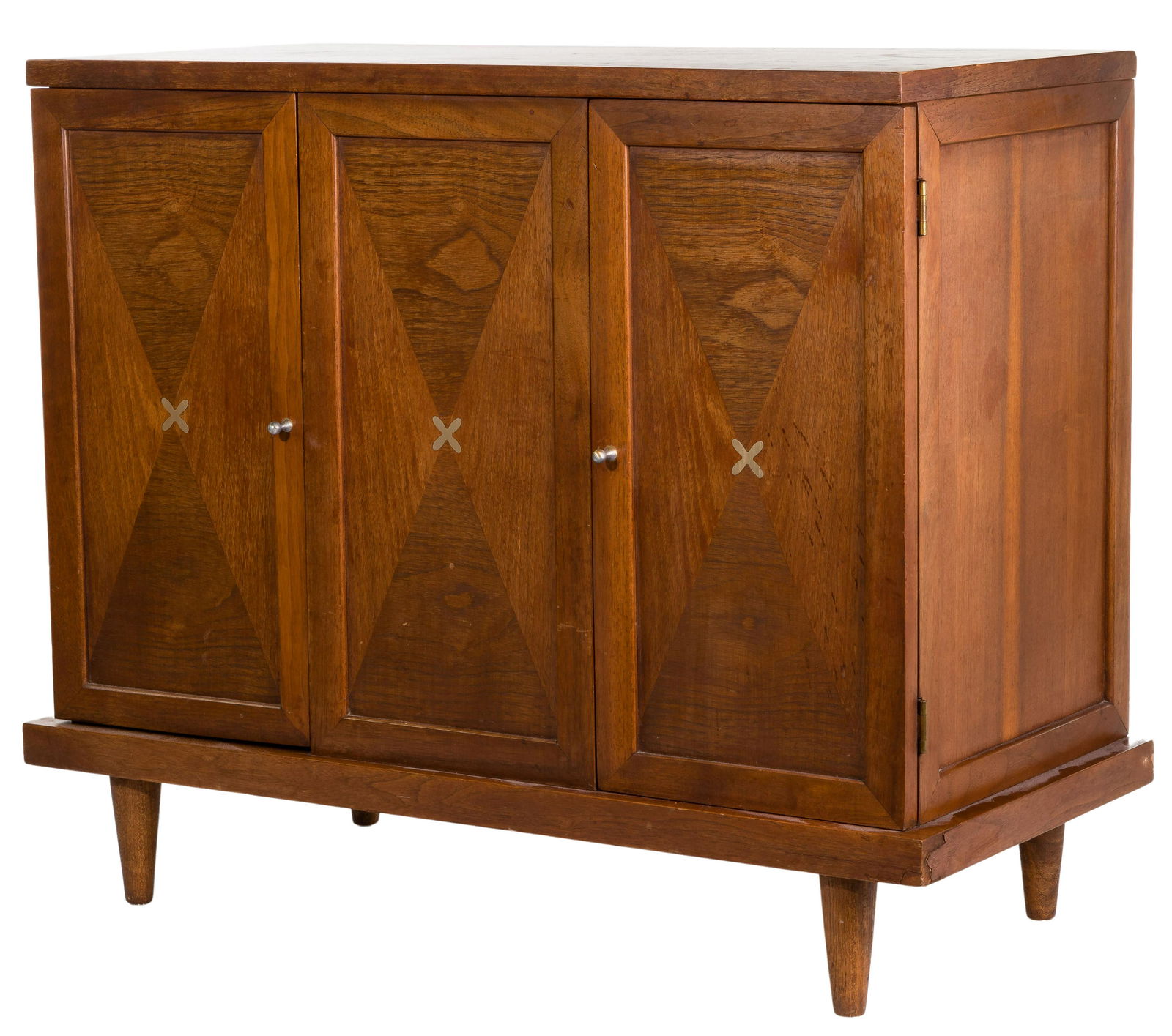 Merton Gershun for American of Martinsville Cabinet: Merton Gershun for American of Martinsville Cabinet Having (3) front panels each inlaid with metal adornments, (2) open including upper shelf on interior Height: 26 1/4 inches, Length: 14 1/2 inches,