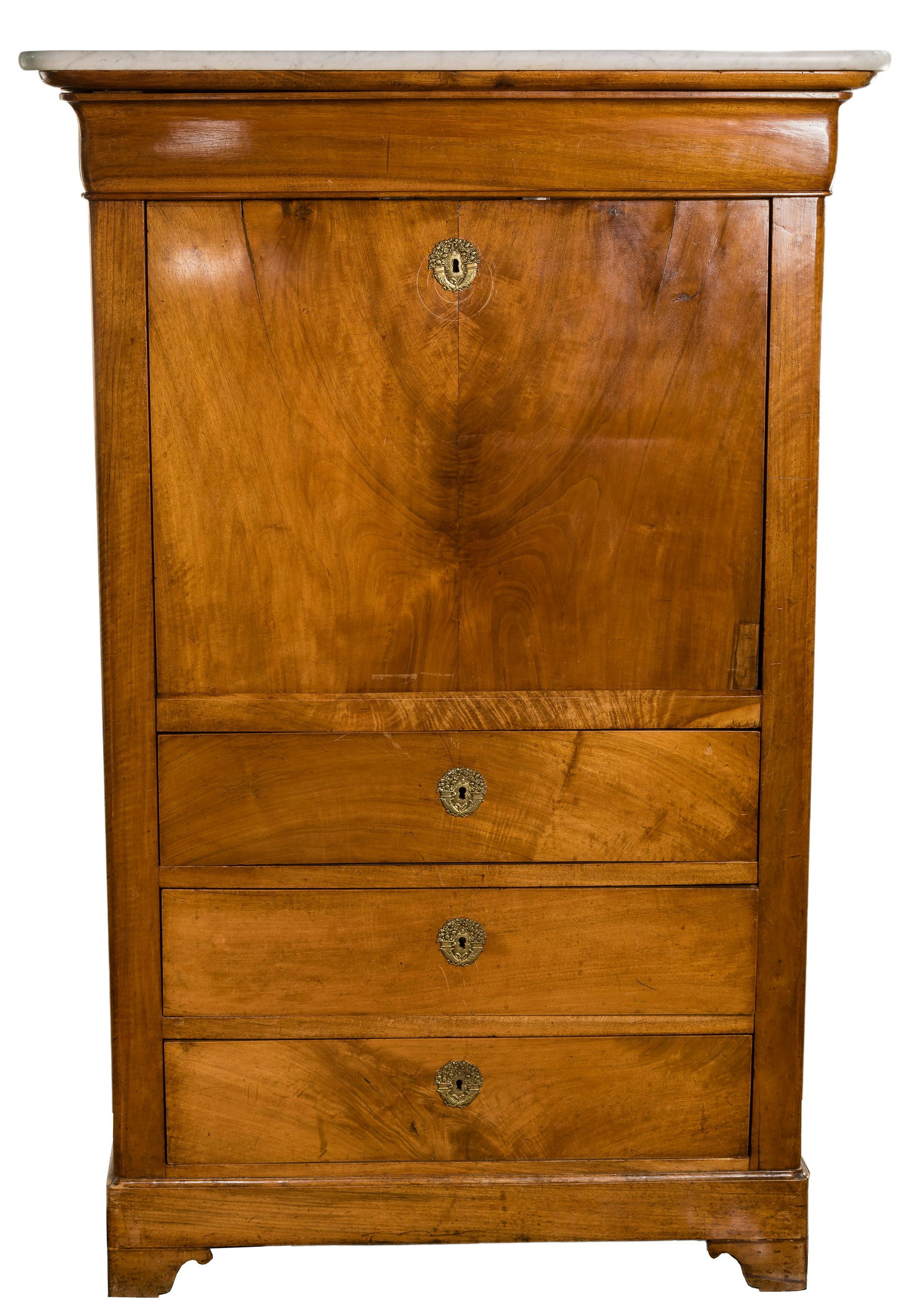 Biedermeier Abattant Secretary: Biedermeier Abattant Secretary Having stone surface on top of wood body comprised of an upper drawer over (4) locking compartments of with applied metal adornments around keyholes, the largest compart