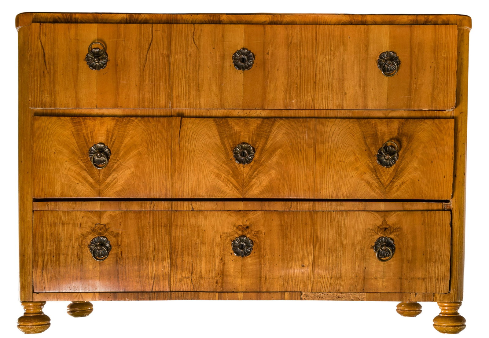 Biedermeier Fruitwood Chest of Drawers: Biedermeier Fruitwood Chest of Drawers Having (3) drawers each with lock surrounded by metal floral adornment, pull rings on either side having same motif; on (4) rounded legs Property from: a Highlan