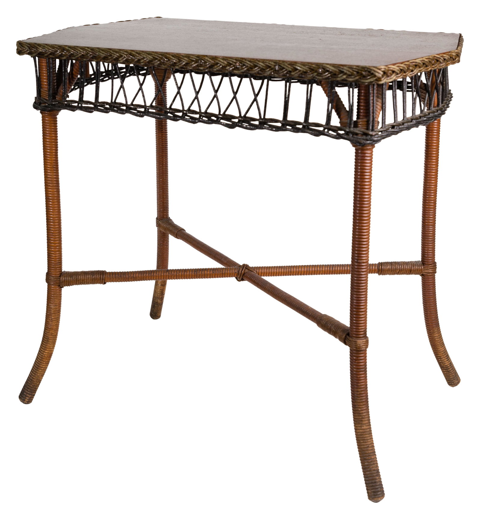Sheboygan Fibre Furniture Company Arts and Crafts Style Wicker Table: Sheboygan Fibre Furniture Company Arts and Crafts Style Wicker Table c.1935, model #3776, having (4) turned wood legs, stained wood top with wicker border; attached paper label to the underside Height