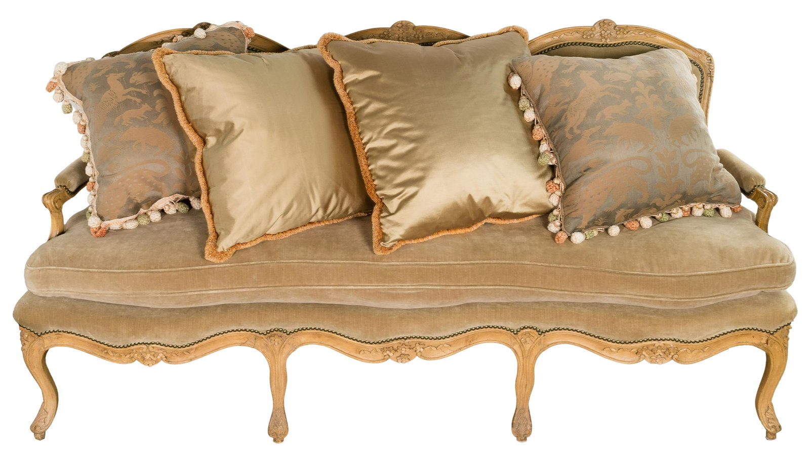 Mike Bell Carved Beechwood 'Gascogne III' Canape: Mike Bell Carved Beechwood 'Gascogne III' Canape Upholstered having carved floral motif on wood portions overall, seat portion removable, having zipper on inner side, supported by (8) legs, including 