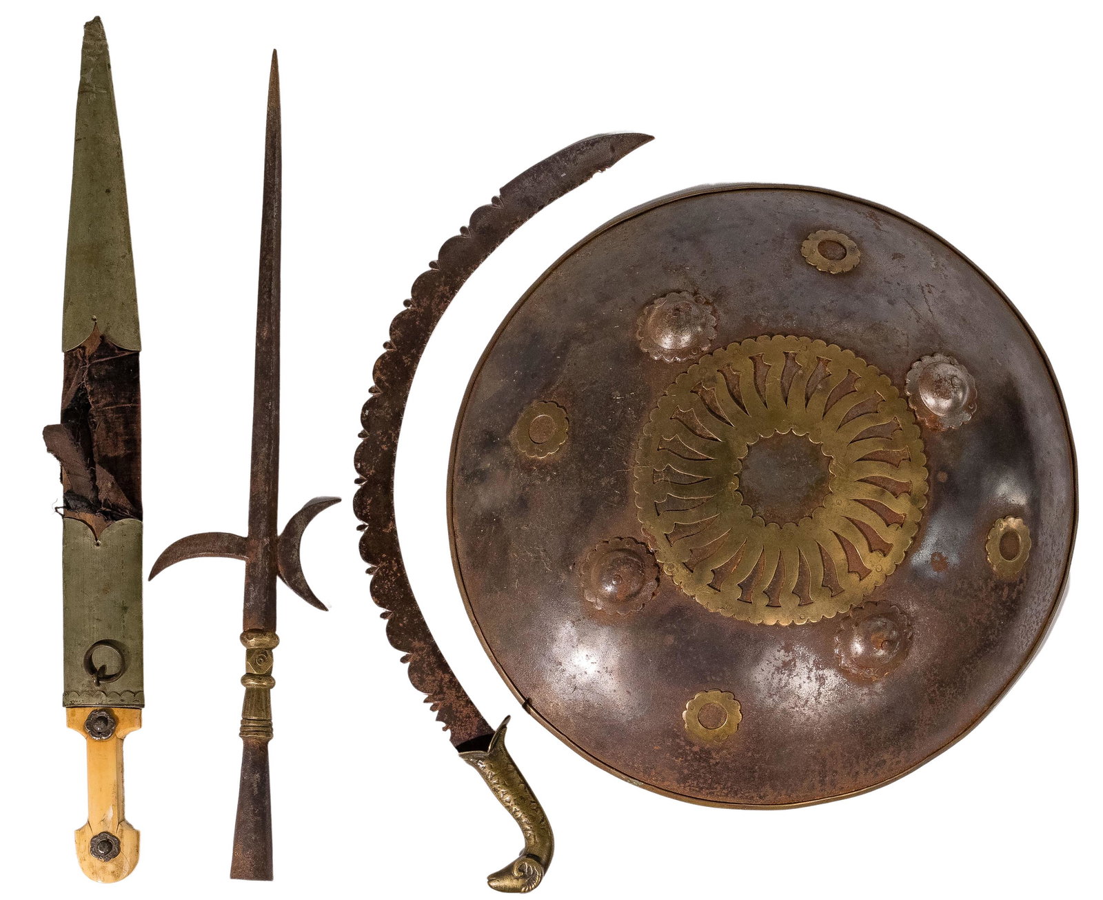Indian, Indo-Persian and Central Asian Arms and Armor Assortment: Indian, Indo-Persian and Central Asian Arms and Armor Assortment (4) items including shield having applied metal adornments; double-edged and fullered kindjal dagger having bone handle having maker st