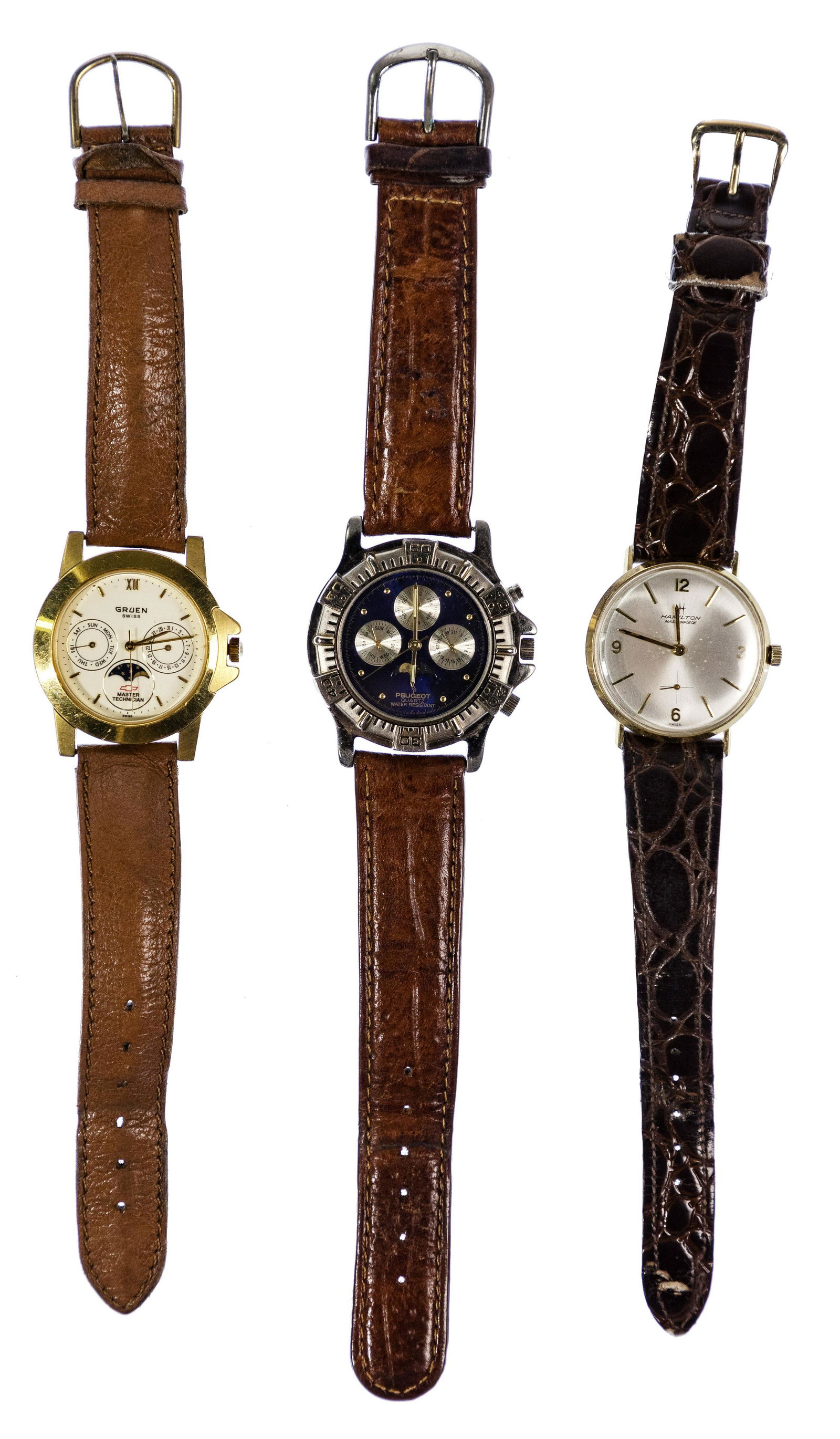 Hamilton 14k Yellow Gold Case 'Masterpiece' Wristwatch: Hamilton 14k Yellow Gold Case 'Masterpiece' Wristwatch Thin O'Matic on a leather band; marked '14k'; together with Gruen 200706 serial #GS1037 and Peugeot chronograph having a blue dial Property from: