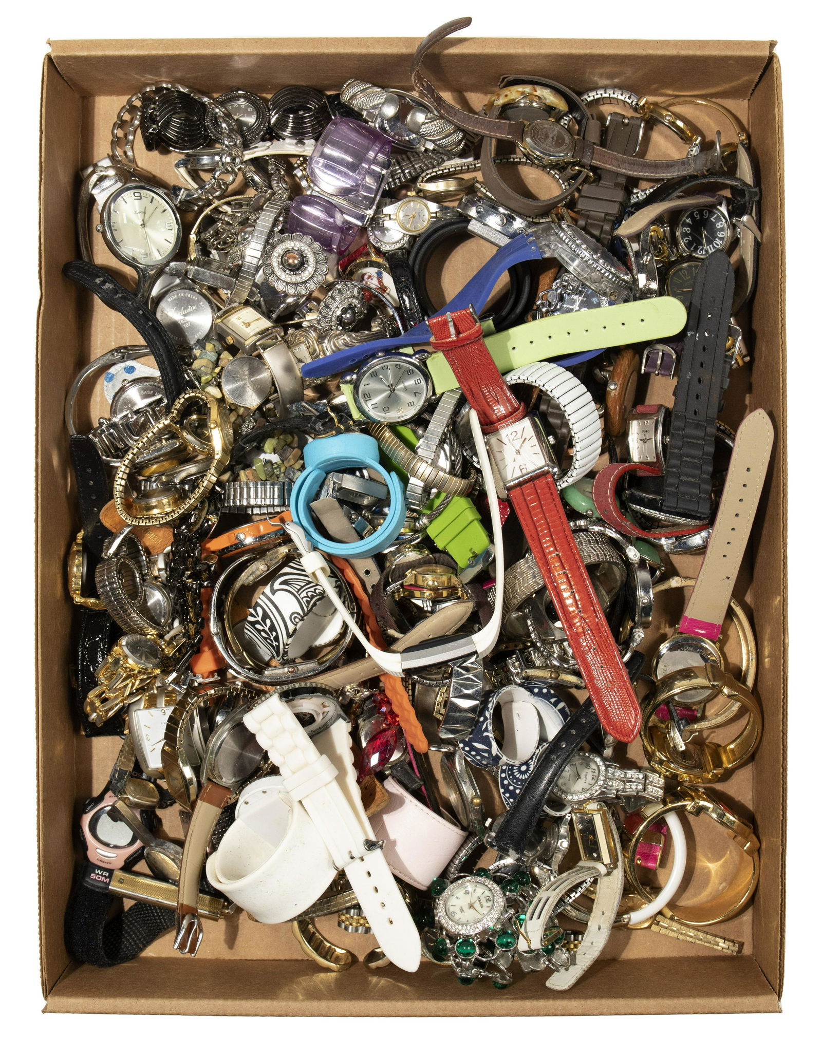 Wristwatch Assortment: Wristwatch Assortment Approximately (9) pounds in various shapes, sizes and bands including Gruen, an Omega having diamonds, Citizen, Bulova and (2) Ecclissi marked 'sterling' Length: 7 1/2 inches (av