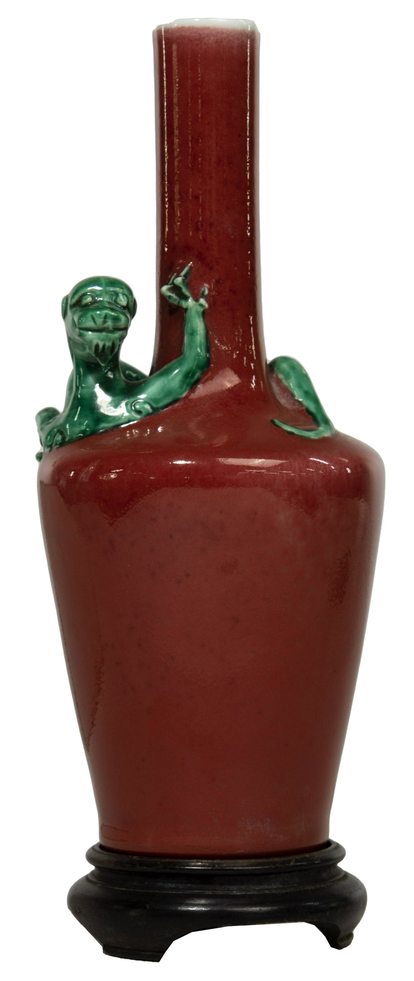 Chinese Yaolingzun Flambe Glazed Porcelain Vase with Stand: Chinese Yaolingzun Flambe Glazed Porcelain Vase with Stand Having red glaze overall with applied green glazed dragon; having underglaze blue six-character Kangxi mark on underside Height: 8 1/4 inches