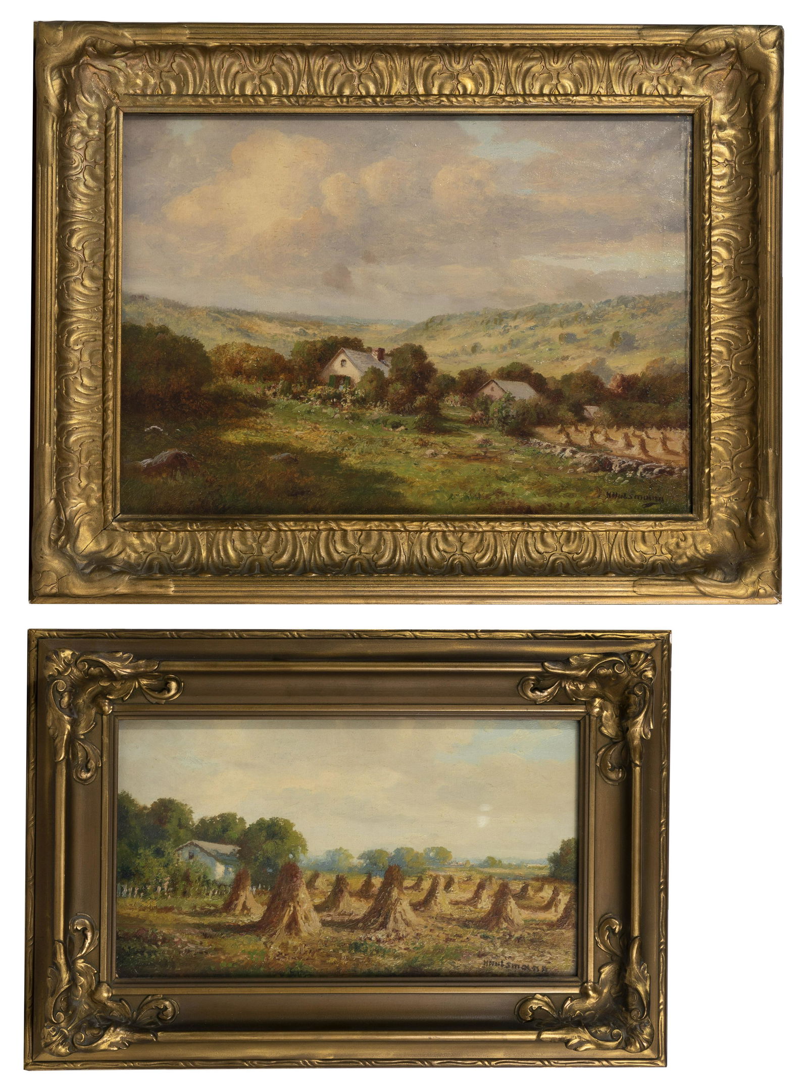 Henry Hulsmann (German / American, 1849-1930) Oils on Canvas: Henry Hulsmann (German / American, 1849-1930) Oils on Canvas (2) landscapes, both undated, signed lower right, framed under glass in gold tone frames Property from: a Chicago, Illinois collector Heigh
