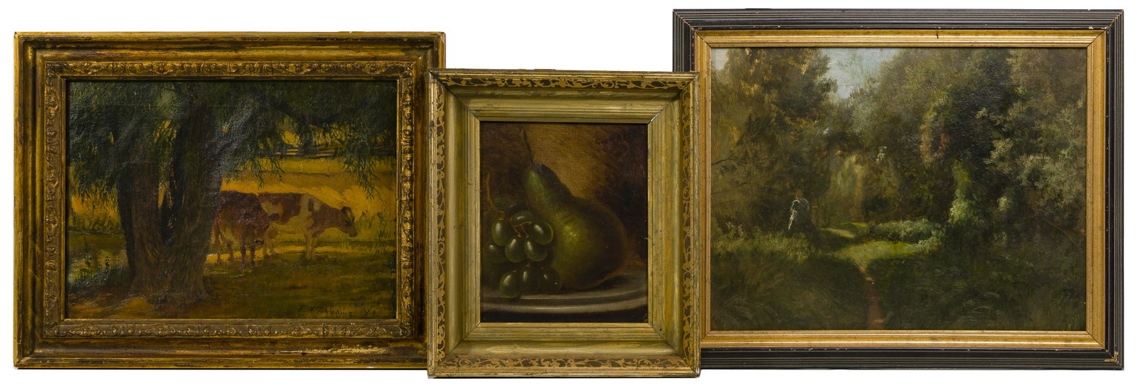 Oils on Canvas and Board Assortment: Oils on Canvas and Board Assortment (3) items including George Wilkie Reed (American, 19th Century) oil on canvas laid to board, signed upper right, still life; 1893 (manner of) Frank Henry Tompkins (