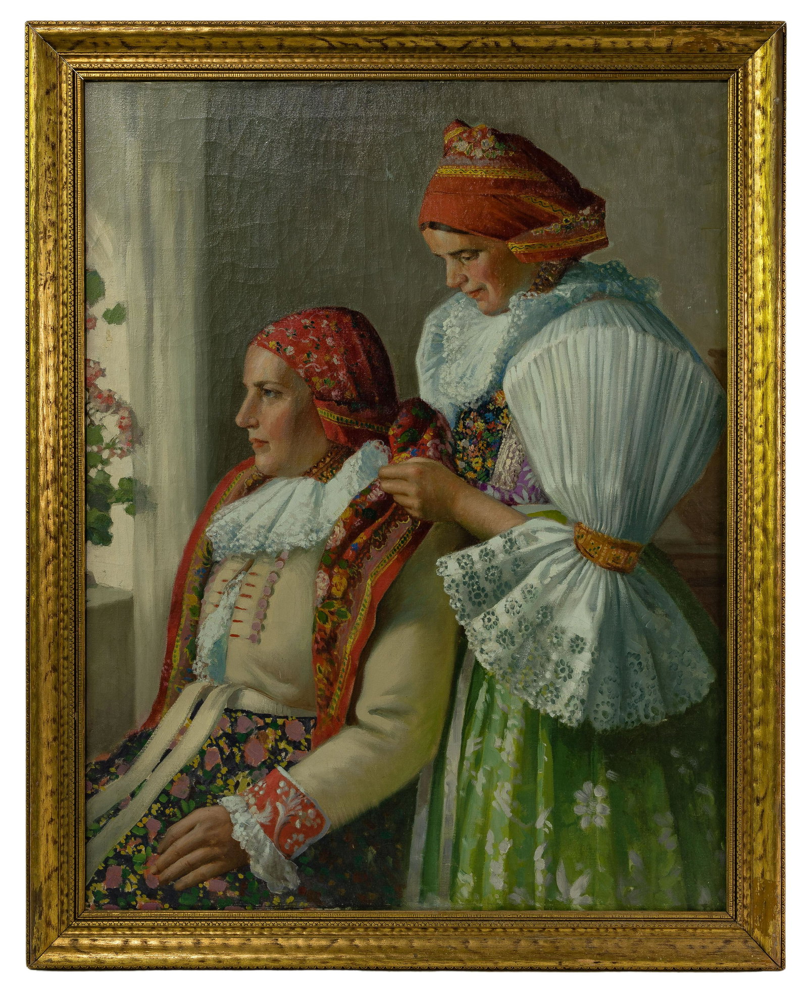 Unknown Artist (Continental School, 19th / 20th Century) Oil on Canvas: Unknown Artist (Continental School, 19th / 20th Century) Oil on Canvas Undated, unsigned, portrait of (2) female figures in traditional garb; gold tone wood frame Provenance: The Estate of George 'Yor