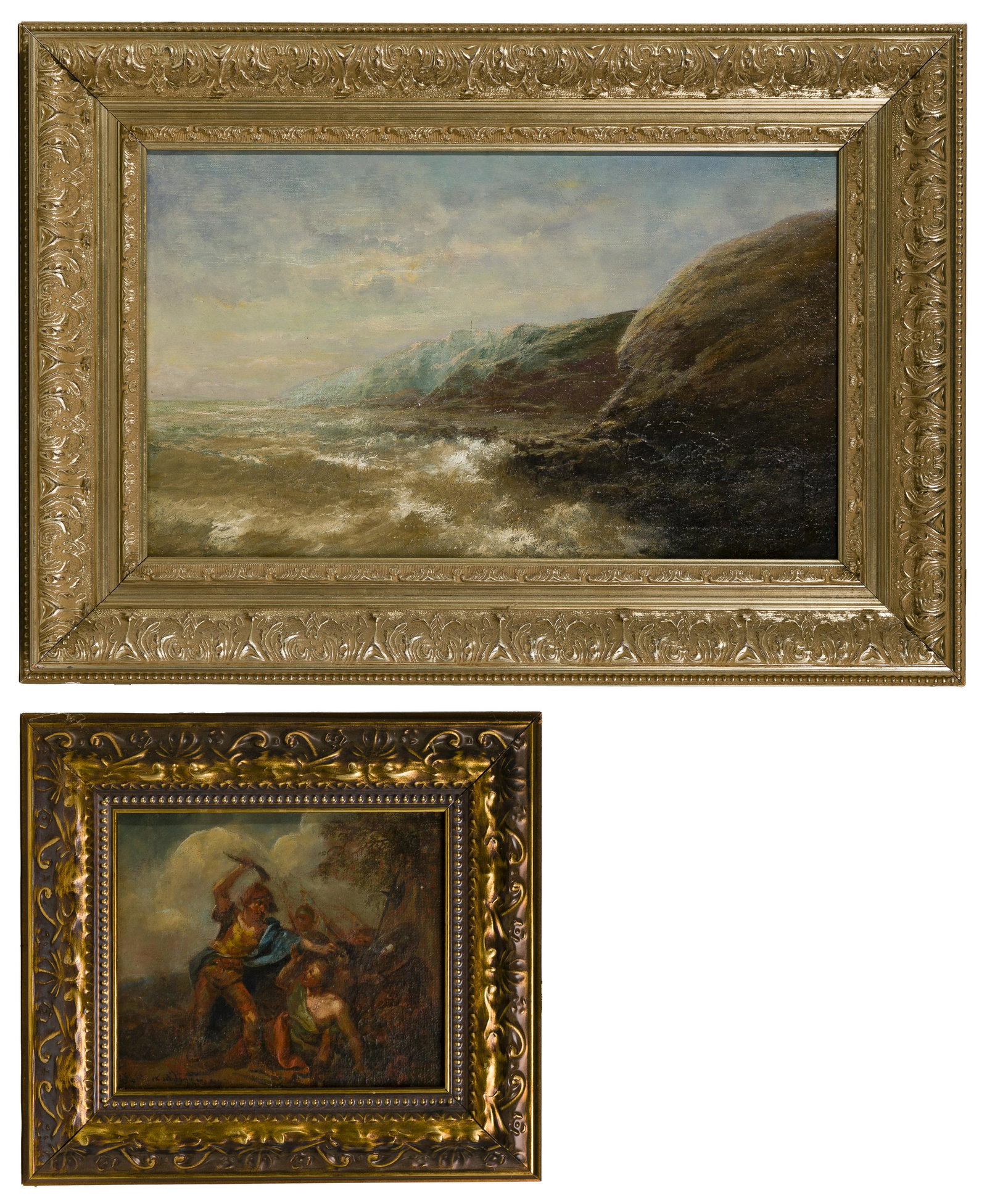 Unknown Artists Oils on Canvas Assortment: Unknown Artists Oils on Canvas Assortment (2) items including an unsigned seascape and an unknown artist (Continental School, 18th - 19th Century) allegorical scene, illegibly signed lower left, inclu