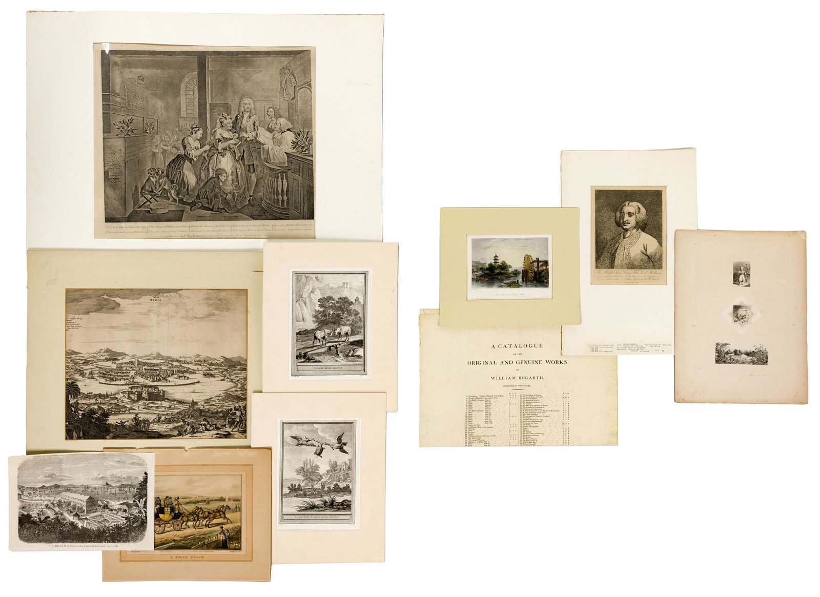 Engraving Assortment: Engraving Assortment (9) items including (after) Jean-Baptiste Oudry (French, 1686-1755) (2) illustrations from 'Aesop's Fables'; William Hogarth (British, 1697-1764) 'New to the School of Hard Mishap