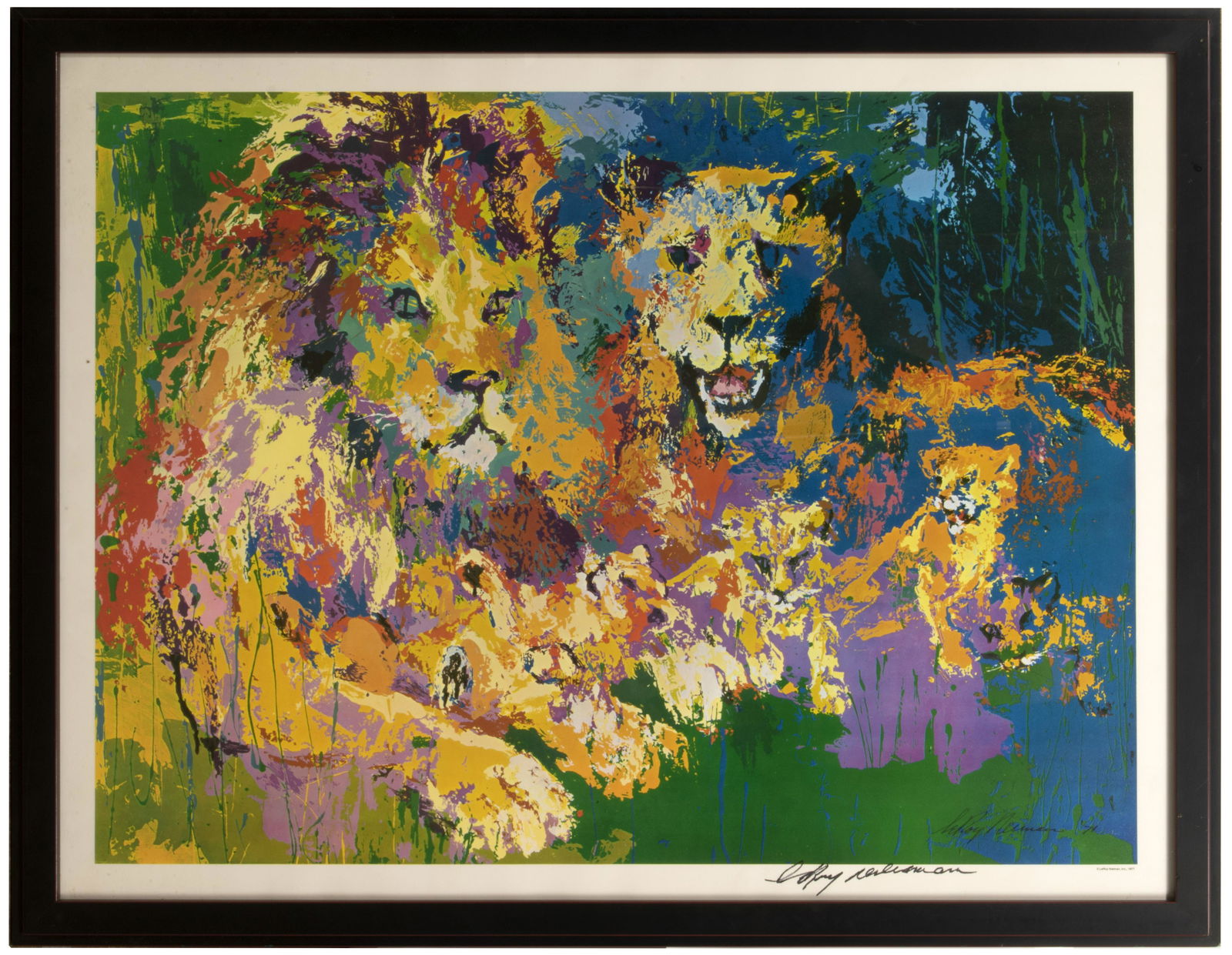 Leroy Neiman (American, 1921-2012) 'Lion's Pride' Offset Lithograph: Leroy Neiman (American, 1921-2012) 'Lion's Pride' Offset Lithograph 1977 after the 1971 serigraph, signed lower right margin; framed under glass within a dark brown frame Property from: Private Collec