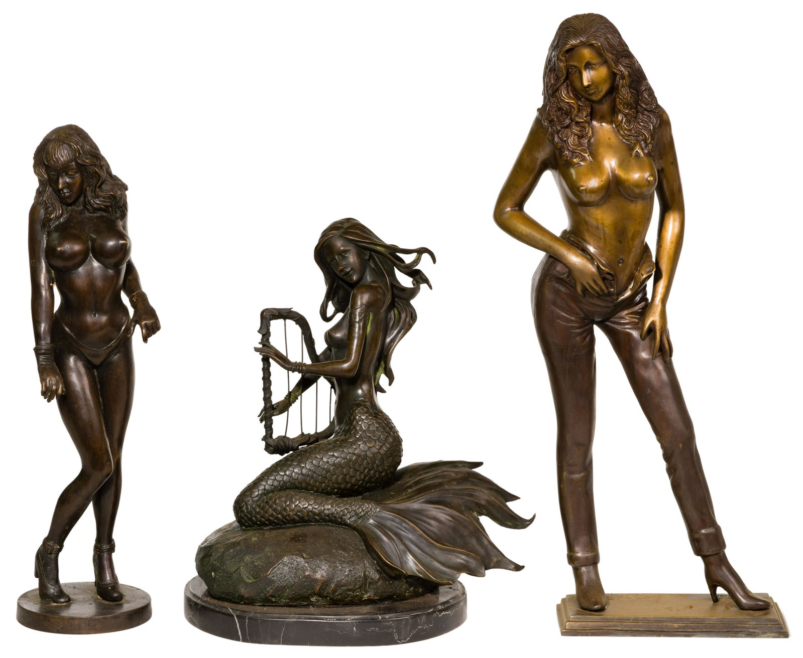 Bronze Sculpture Assortment: Bronze Sculpture Assortment (3) nude female figures including in jeans marked 'G. Gwah', mermaid having harp and figure wearing gloves; mermaid having beveled oval marble plinth Property from: Private