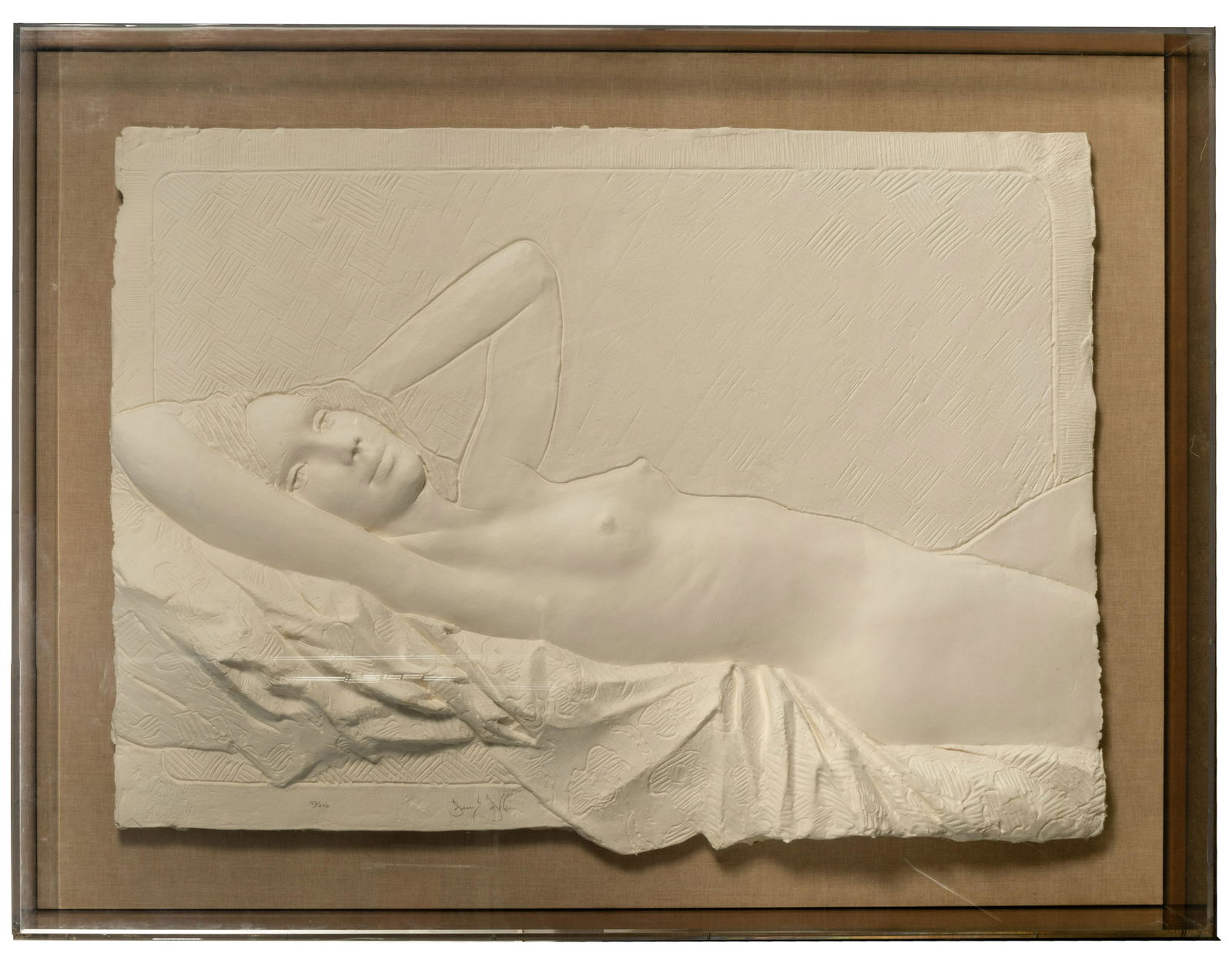 Frank Gallo (American, 1933-2019) 'Reclining Nude' Cast Paper Relief: Frank Gallo (American, 1933-2019) 'Reclining Nude' Cast Paper Relief Undated, pencil signed lower center, pencil #33/200; float mounted with a Lucite shadow box style frame Property from: Private Coll