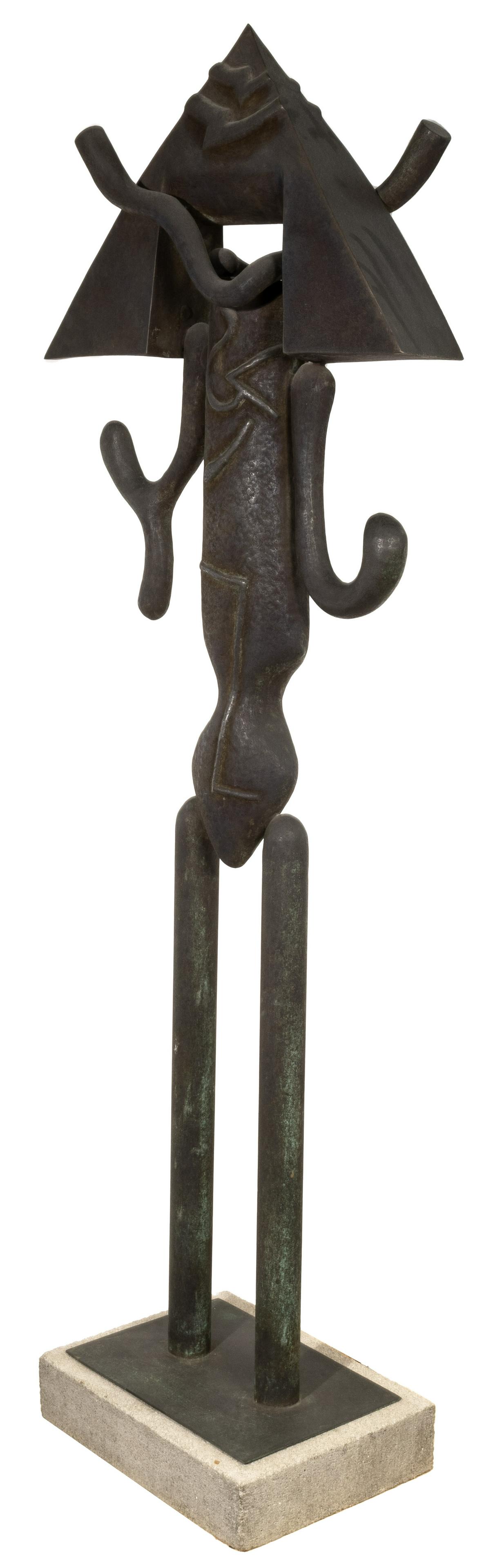 Harold Balazs (American, 1928-2017) Modernist Patinated Metal Sculpture: Harold Balazs (American, 1928-2017) Modernist Patinated Metal Sculpture 1994, having monogram, mounted to a stone base Property from: a Deerfield, Illinois collector Height: 65 1/2 inches, Width: 21 i